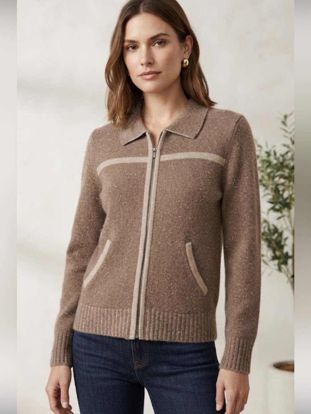 Christopher & Banks Silk Angora Zipper Knit Cardigan Sweater with Contrast Trim